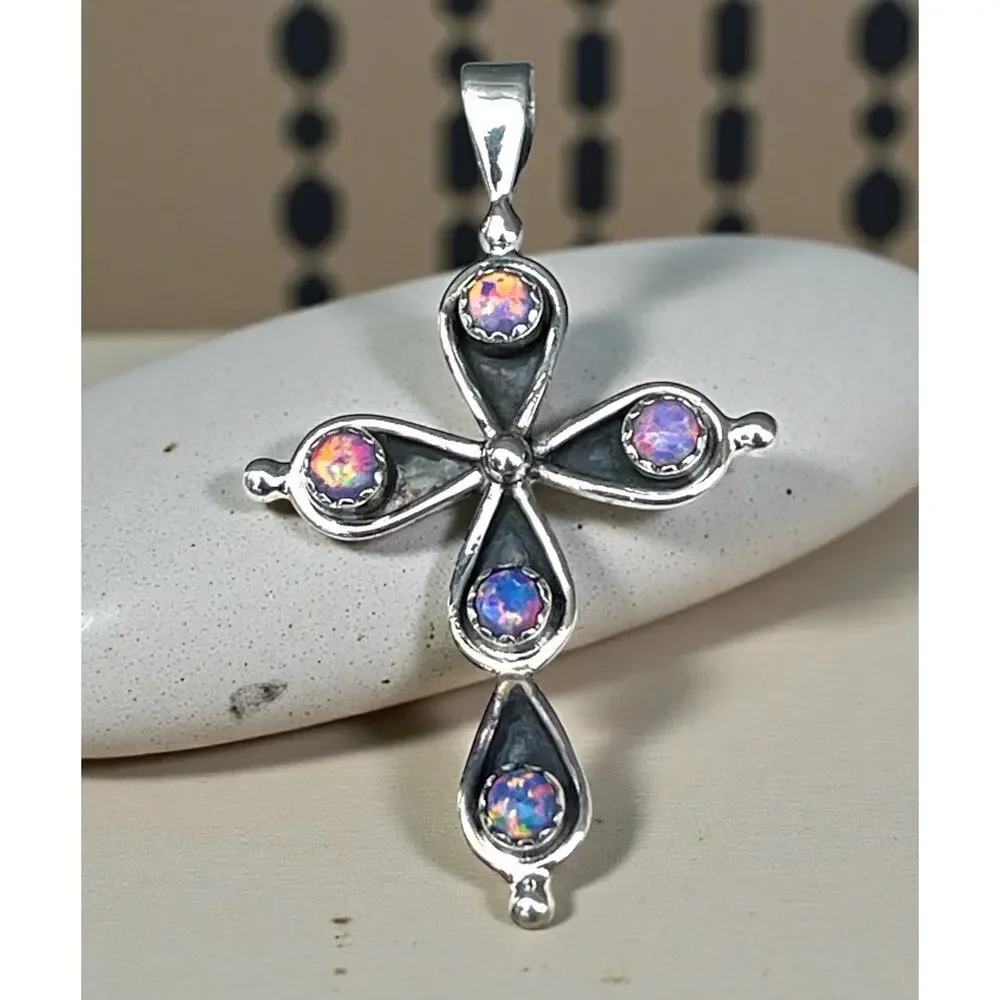 Large 2” Sterling Silver Aurora Opal Cross Pendant Pink Blue Fire 925 Gift FAITH - Picture 6 of 9